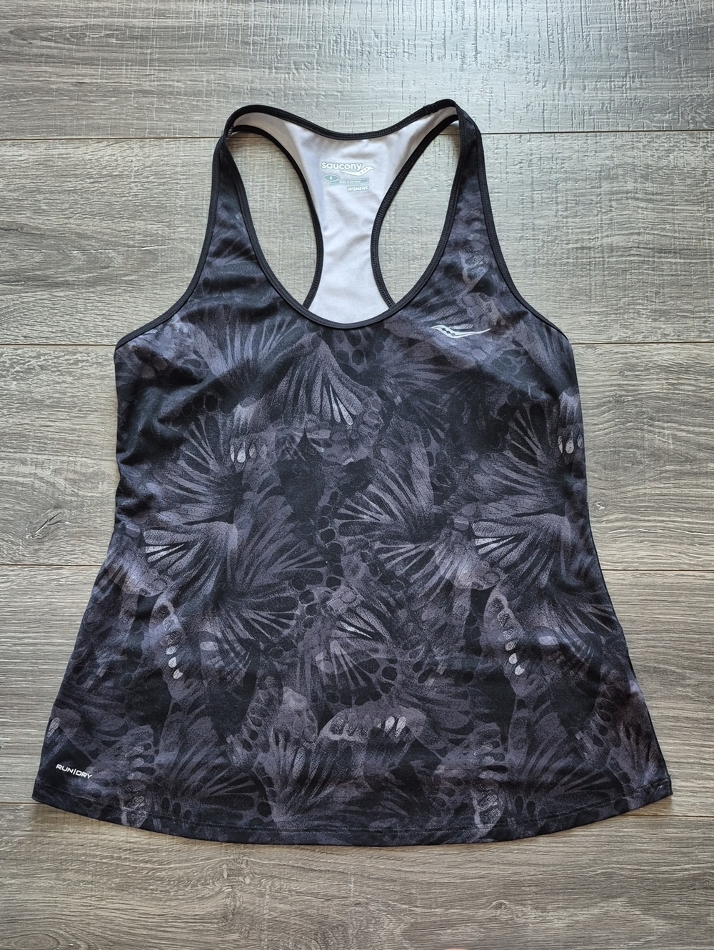 Saucony Black and Gray Floral-Pattern Racerback Tank